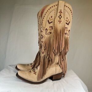 Junk Gypsy Lane Fringe Suede Western Boots Cowboy Tan Embroidered Size 6